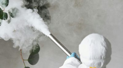 Person in protective gear fumigating an indoor plant, emitting smoke.
